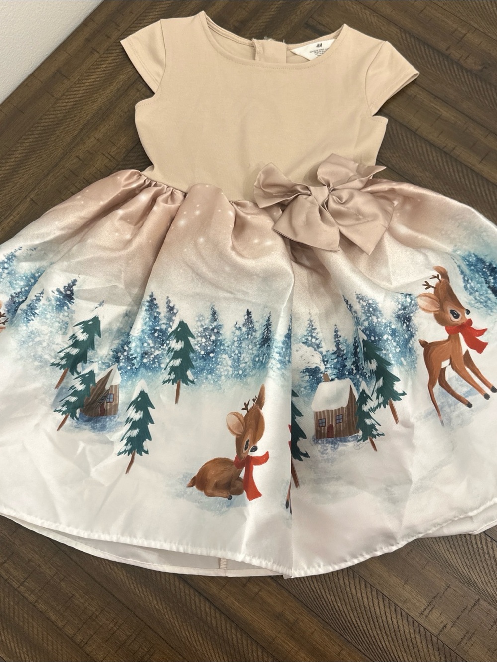 Girls Holiday Reindeer Print Party Dress - Blush Top with Scenic Skirt